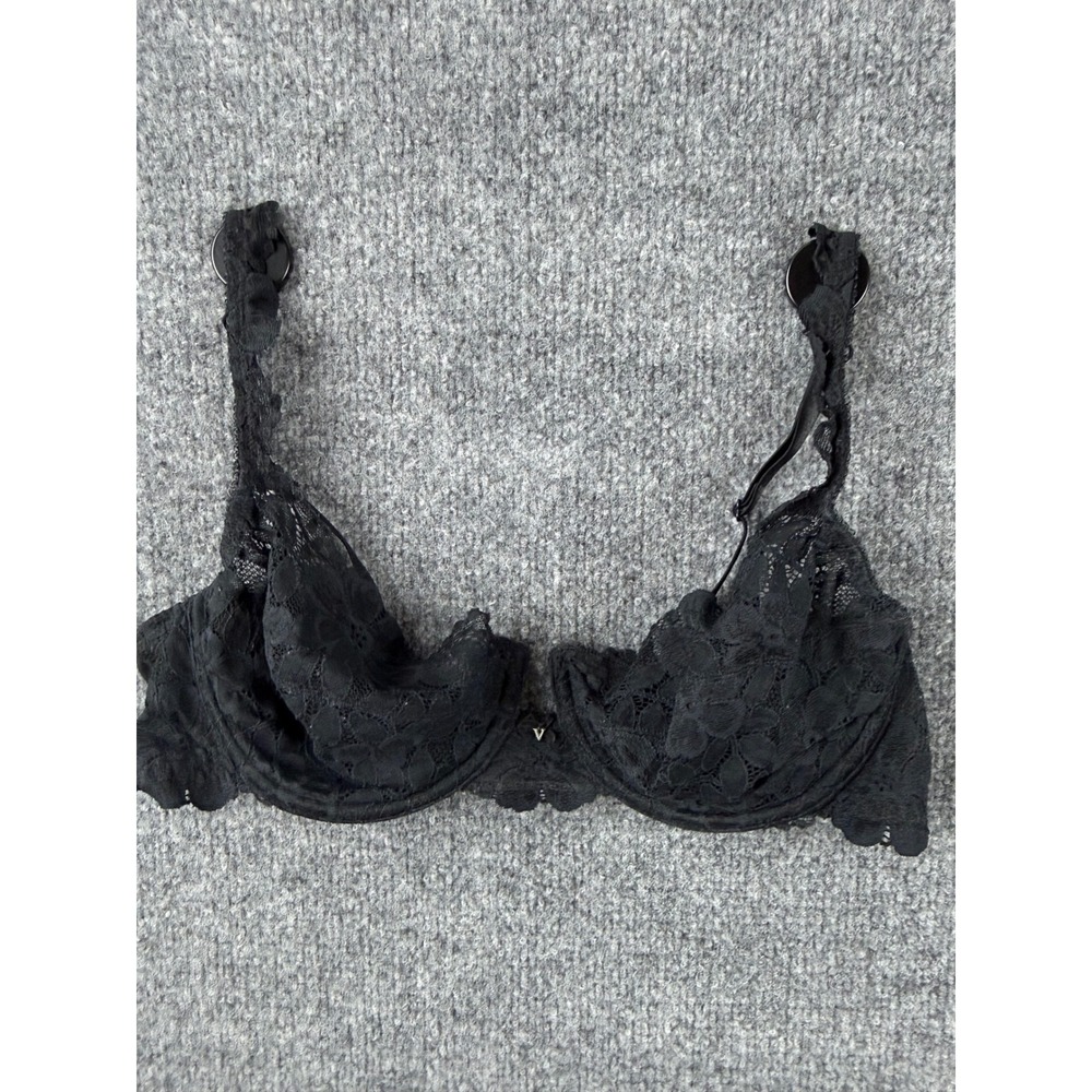 Victoria's Secret Black Floral Lace Unlined Demi Underwire Bra 36B V Hardware